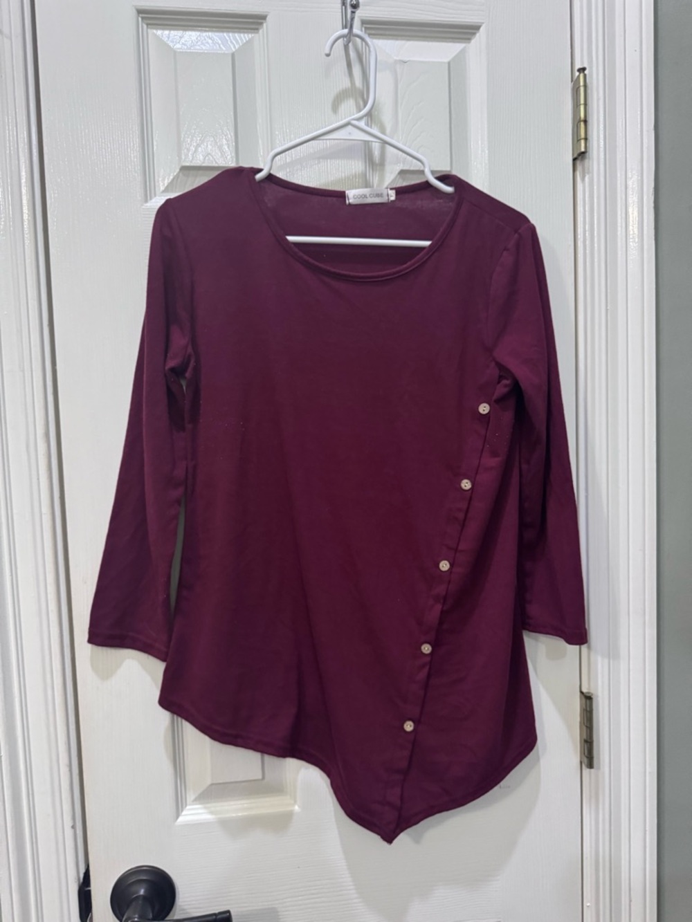 Women's Asymmetric Button-Accent Long Sleeve Top - Maroon